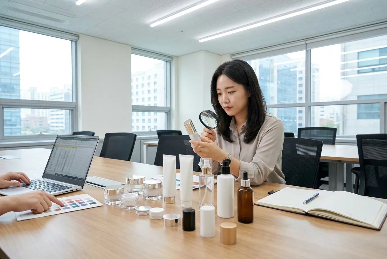 화장품 용기와 부자재 샘플을 검토하는 소싱 업무