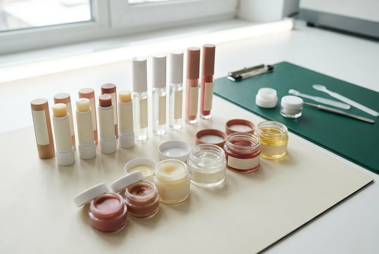Lip balm, gloss, and oil containers with formulation samples