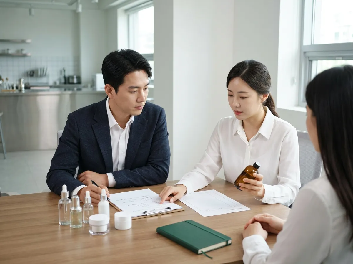 화장품 샘플과 제품 사양을 검토하는 제조 상담
