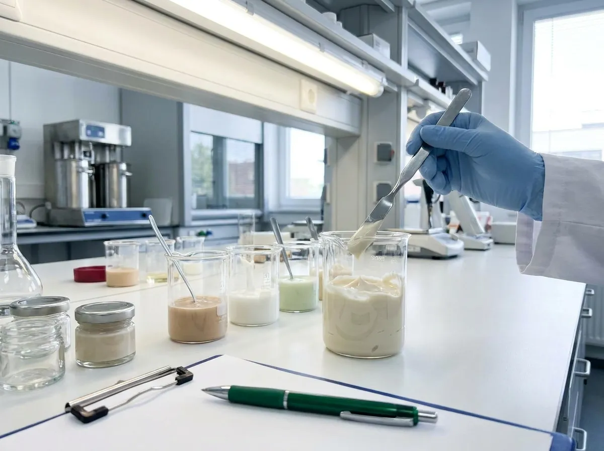 화장품 제형과 원료 샘플을 검토하는 개발 작업