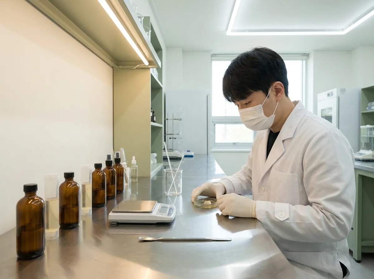 화장품 개발 샘플을 용기에 담아 확인하는 과정