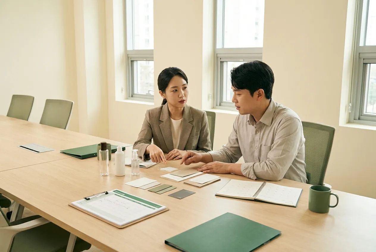 화장품 브랜드 출시 계획과 제품 샘플을 검토하는 미팅